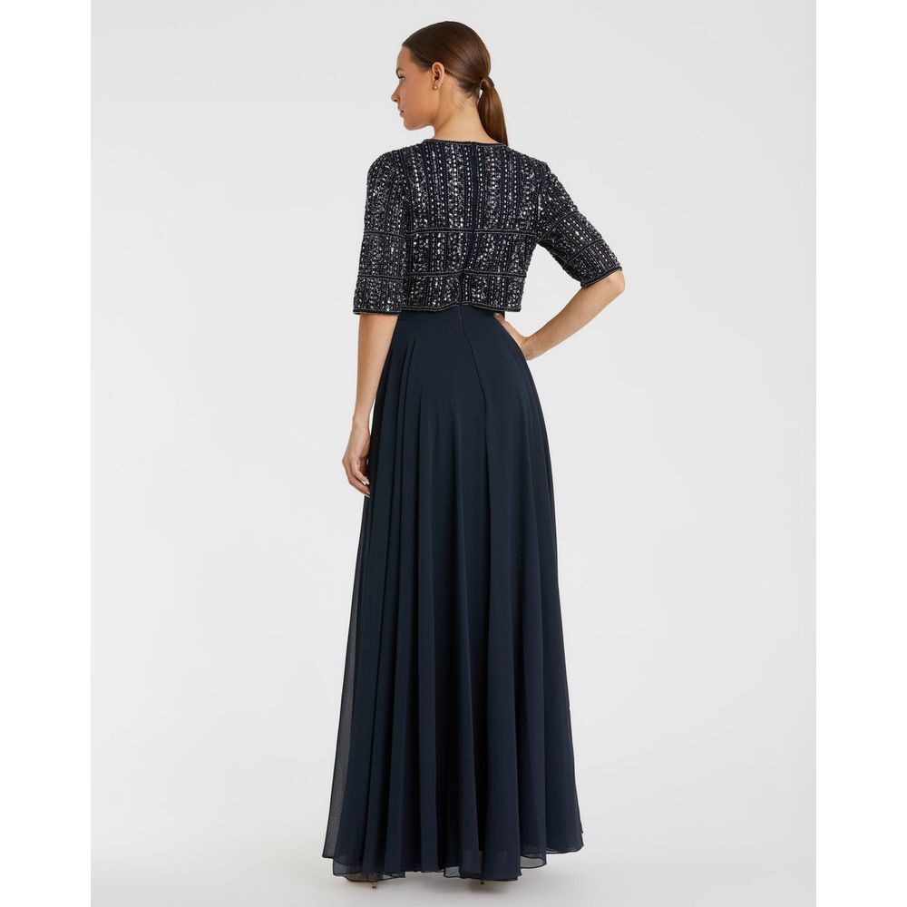 Mac Duggal NEW Chiffon Gown w/ Fully Beaded 3/4 Sleeve Top Navy $598 - Size‎ 18 - Picture 8 of 13